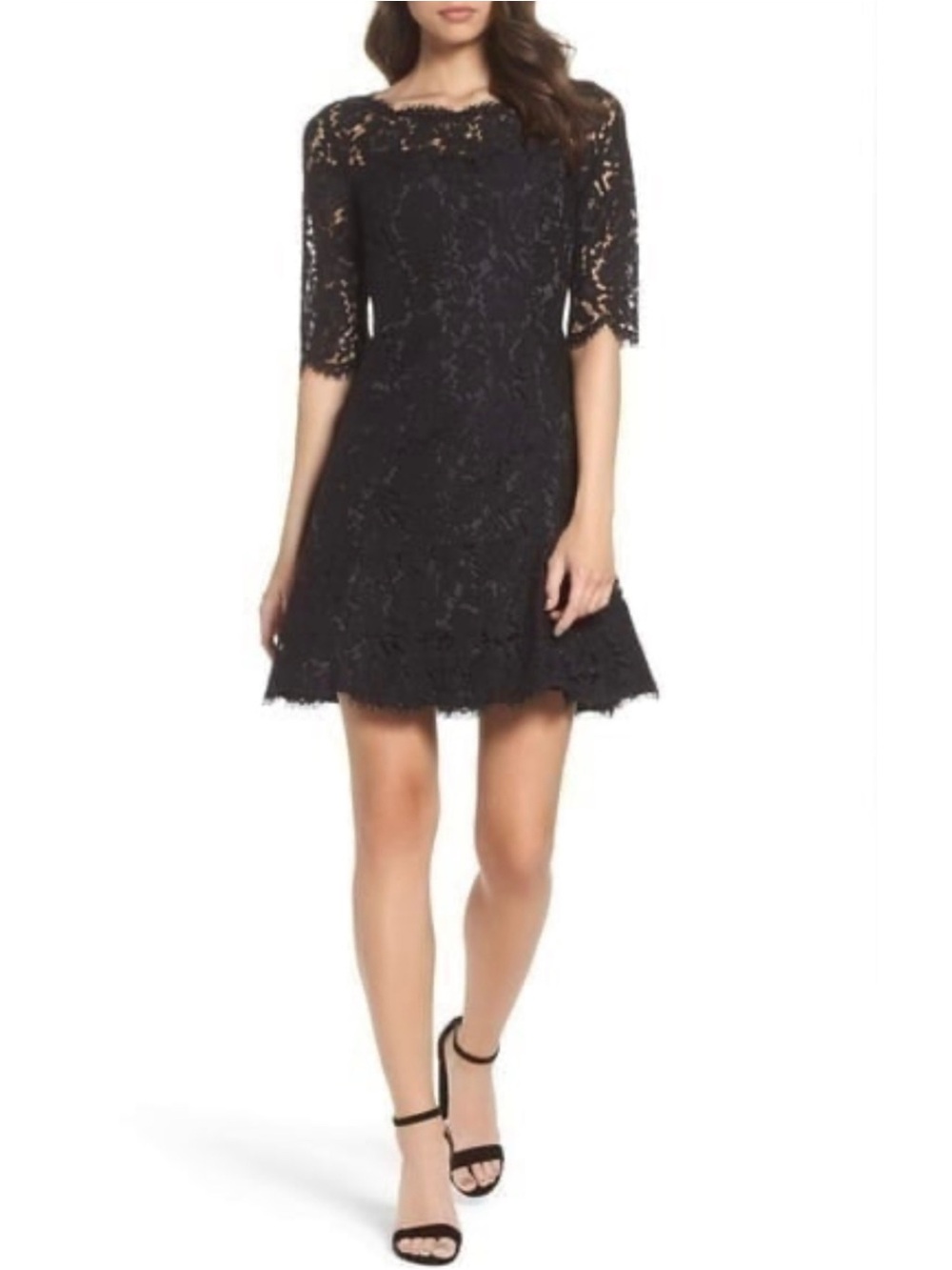 Eliza J Black Lace Tulip Fit And Flare 3/4 Sleeve Cocktail Mini Dress 12 Petite